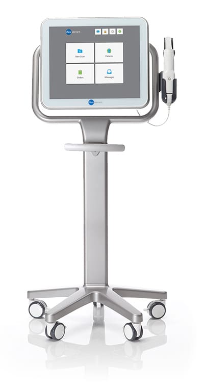 A silver and white stand with a large screen.