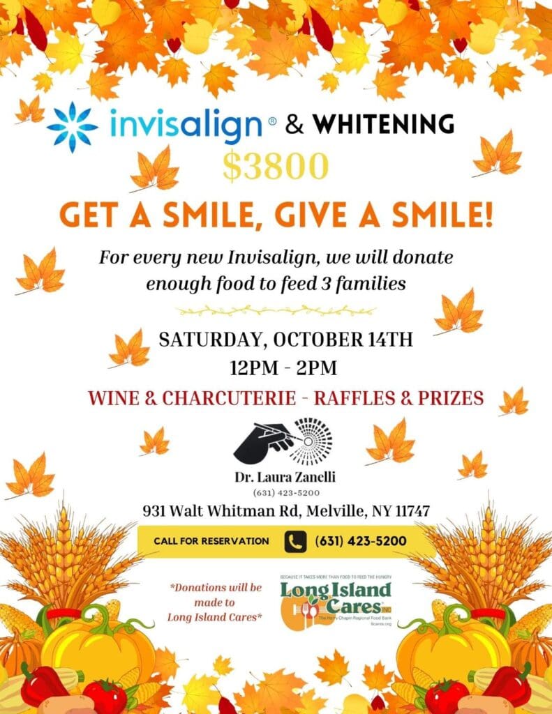 A flyer for an event with leaves and the words " invisalign & whitening $ 3 8 0 0 ".
